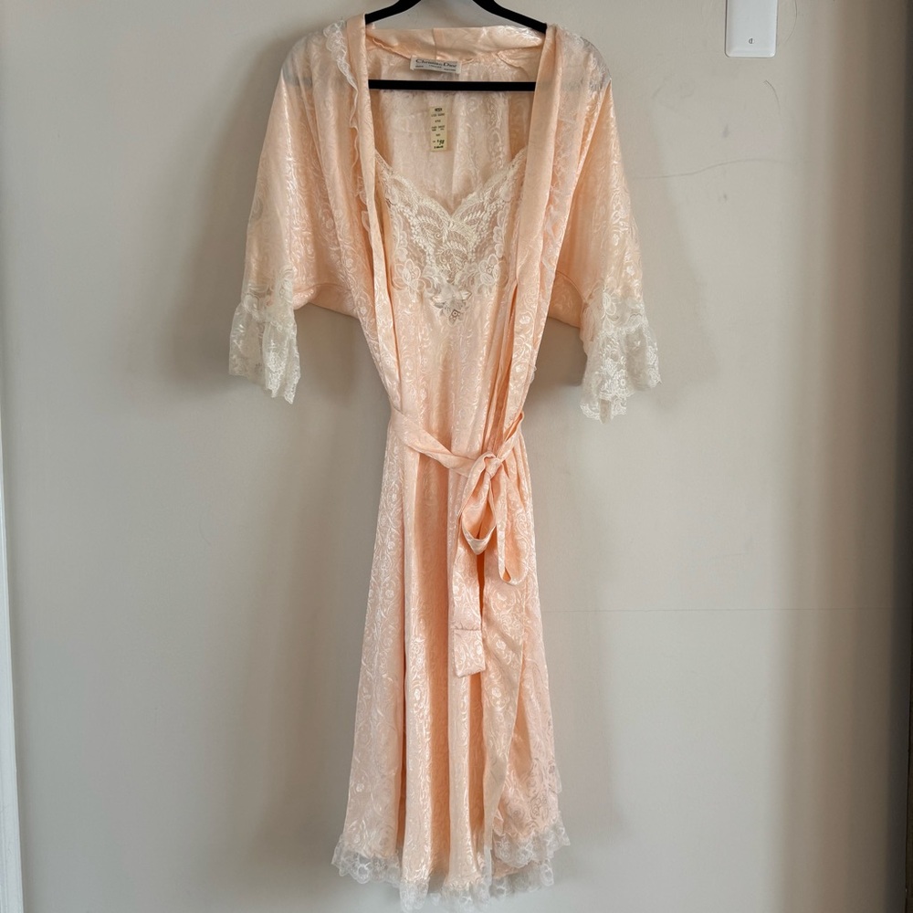 Rare NWT Vintage Christian Dior Lingerie Peach Lace Nightgown & Robe Set